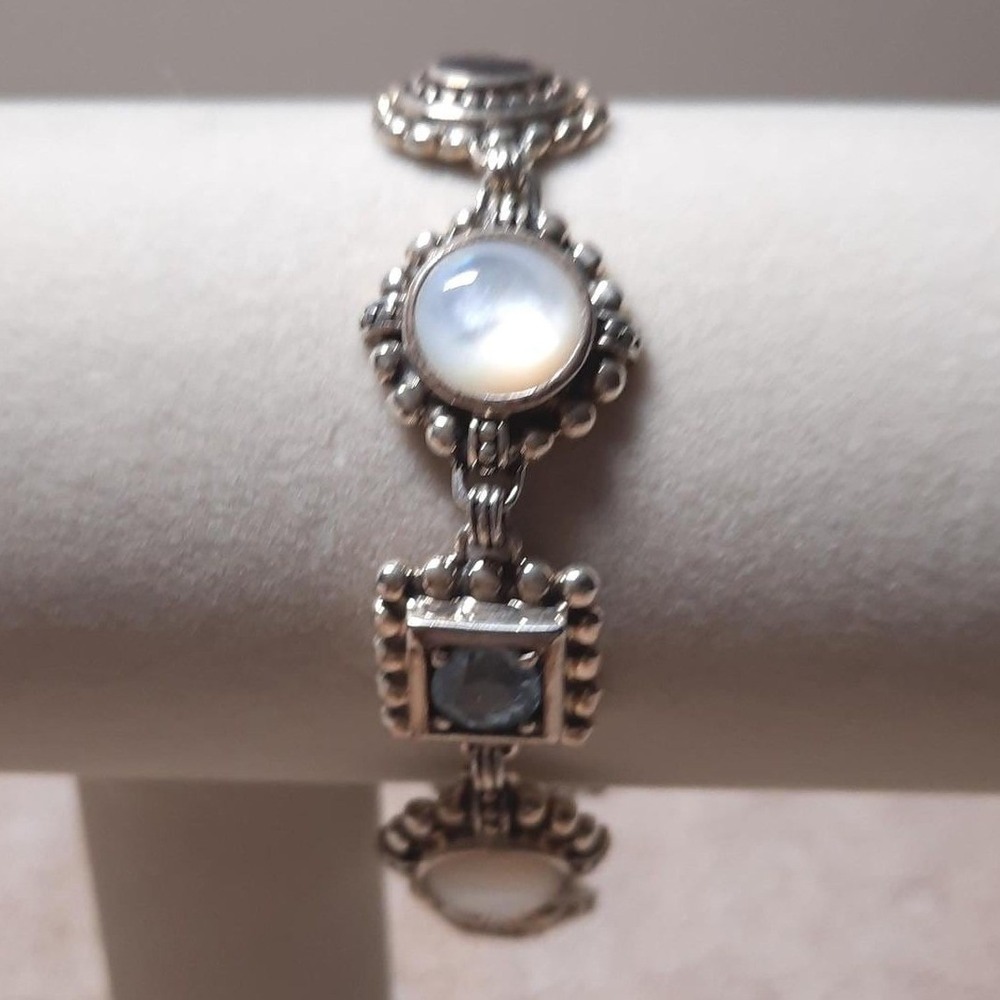 Amethyst blue topaz mother of pearl bracelet artisan crafted in sterling silver